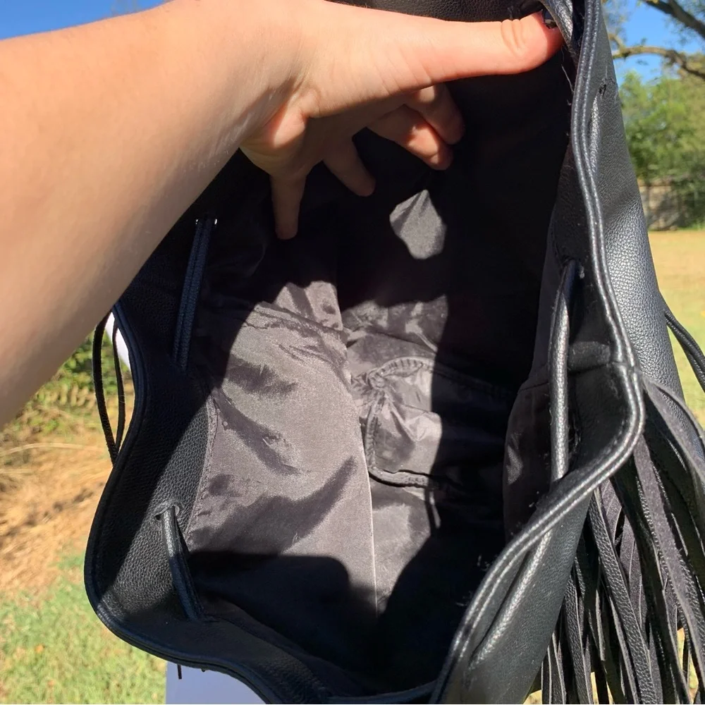 Victoria’s Secret Black Faux Leather Fringe Bucket Bag Backpack Purse - Picture 10 of 12